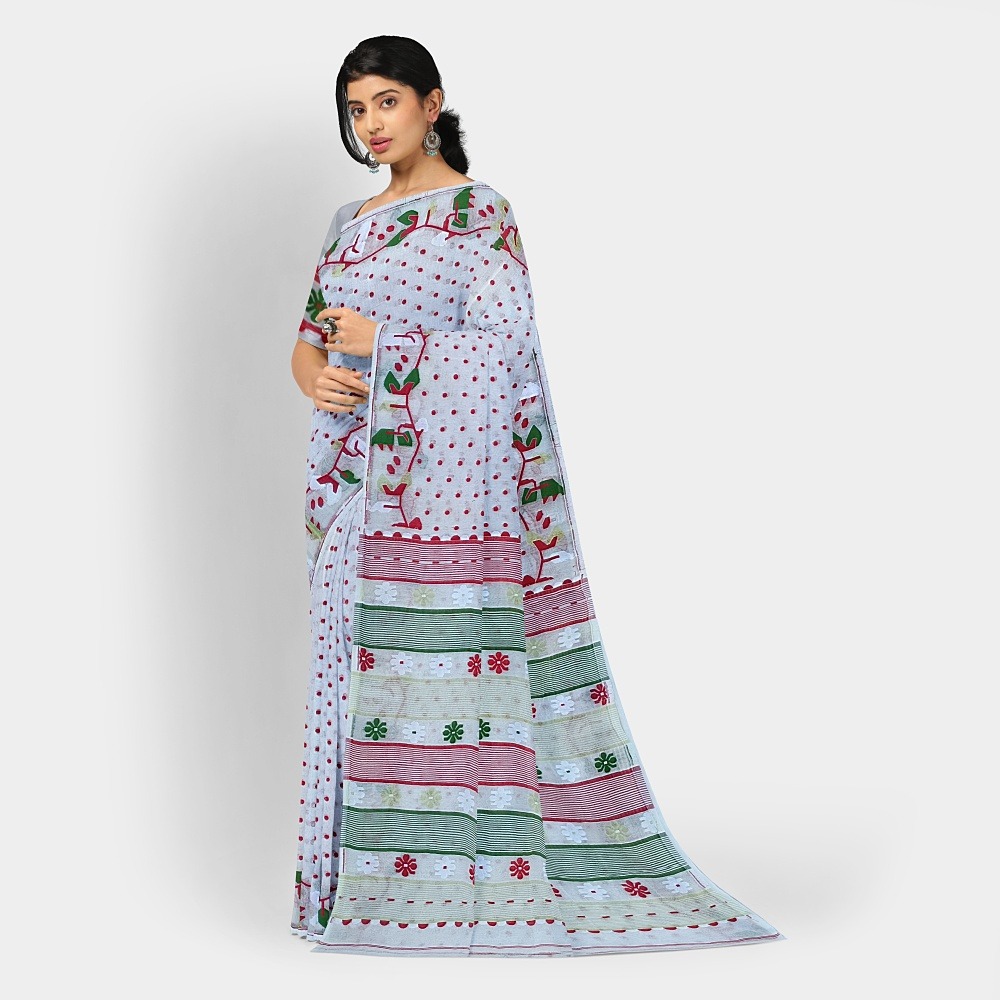 Red White Jamdani Saree with Blouse | Shada Lal Bengali Saree | Cotton Silk | Durga Puja | Office Wear | Handwork Buti 1 Lal Par Sada Jamdani Saree