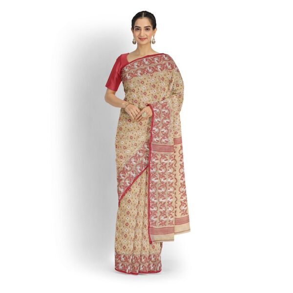 Beige and Red Cotton Tant Dhakai Jamdani Saree