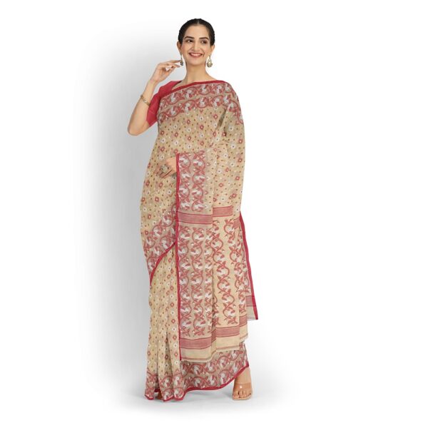 Beige and Red Cotton Tant Dhakai Jamdani Saree