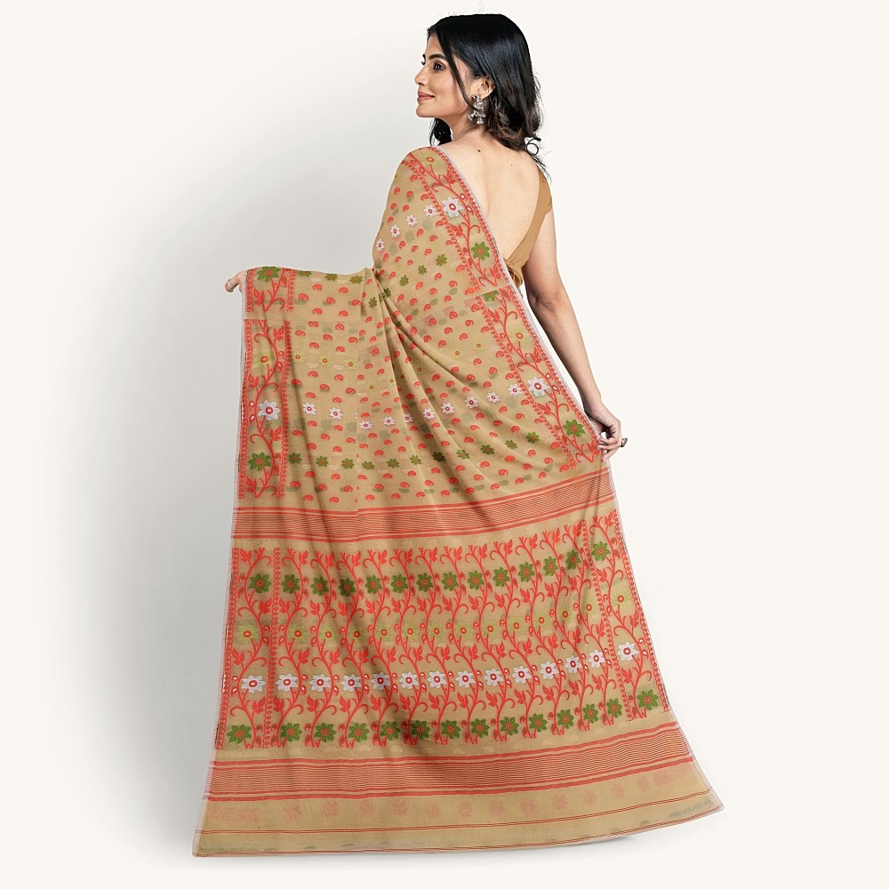 Soft Beige Cotton Silk Jamdani Saree with Blouse Piece for Puja & Party Wear 2 Beige Soft Jamdani Saree