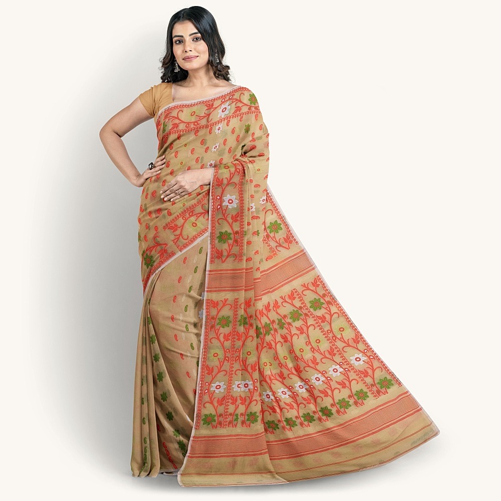 Soft Beige Cotton Silk Jamdani Saree with Blouse Piece for Puja & Party Wear 1 Beige Soft Jamdani Saree