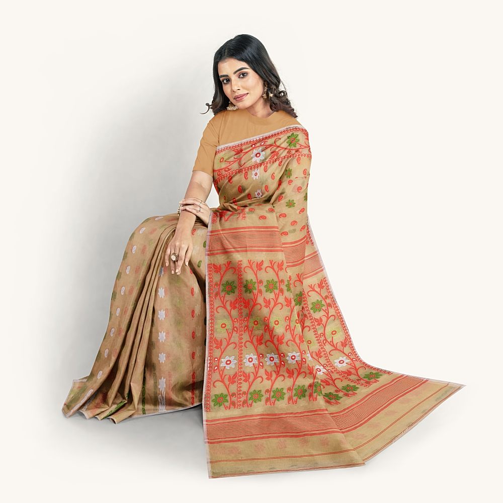 Soft Beige Cotton Silk Jamdani Saree with Blouse Piece for Puja & Party Wear 3 Beige Soft Jamdani Saree