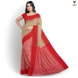 Beige and Red Dhakai Jamdani S...