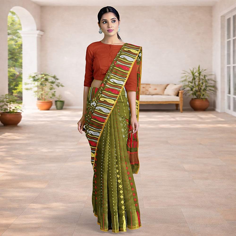 Dark Green Cotton Silk Soft Jamdani Saree | Woven Work Festive Wear | Lightweight 4 Dark Green Soft Jamdani Saree