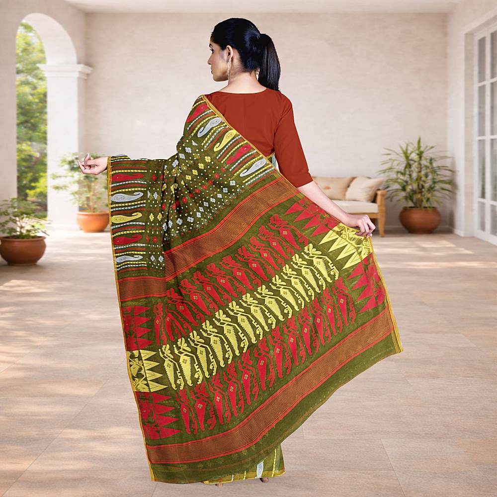 Dark Green Cotton Silk Soft Jamdani Saree | Woven Work Festive Wear | Lightweight 2 Dark Green Soft Jamdani Saree