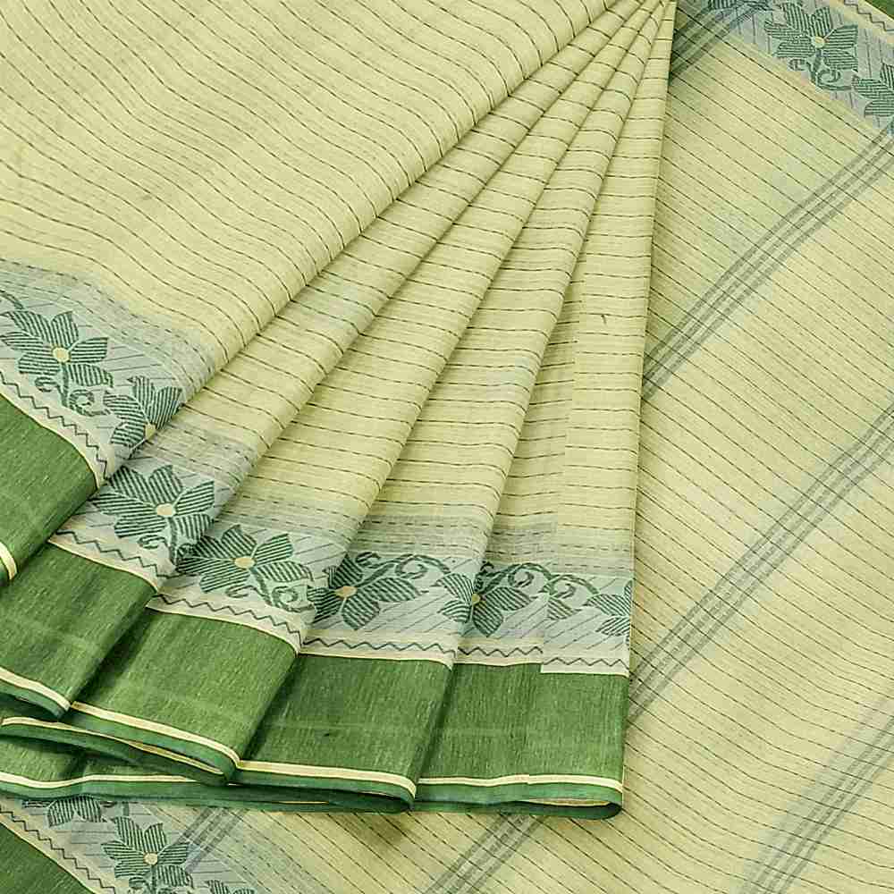Lemon Yellow Cotton Tant Saree | Bengali Cotton Saree | Lightweight Summer Wear | Green Border | Daily Wear | Budget 4 Lemon Yellow Cotton Saree