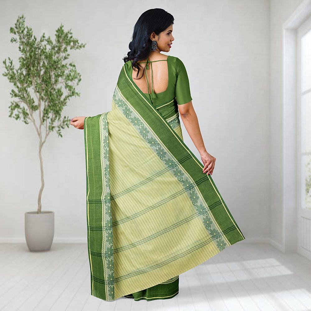 Lemon Yellow Cotton Tant Saree | Bengali Cotton Saree | Lightweight Summer Wear | Green Border | Daily Wear | Budget 2 Lemon Yellow Cotton Saree