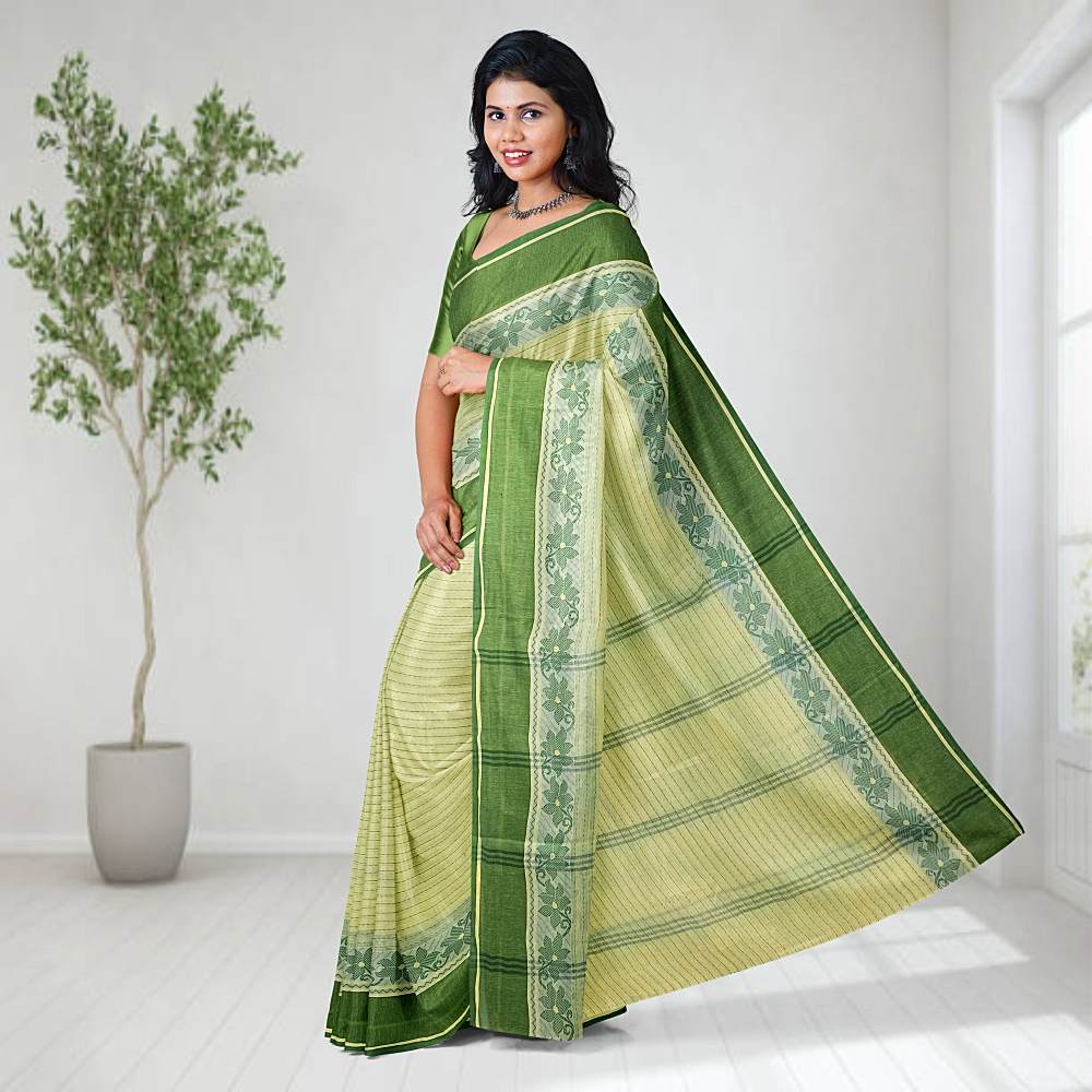 Lemon Yellow Cotton Tant Saree | Bengali Cotton Saree | Lightweight Summer Wear | Green Border | Daily Wear | Budget 3 Lemon Yellow Cotton Saree
