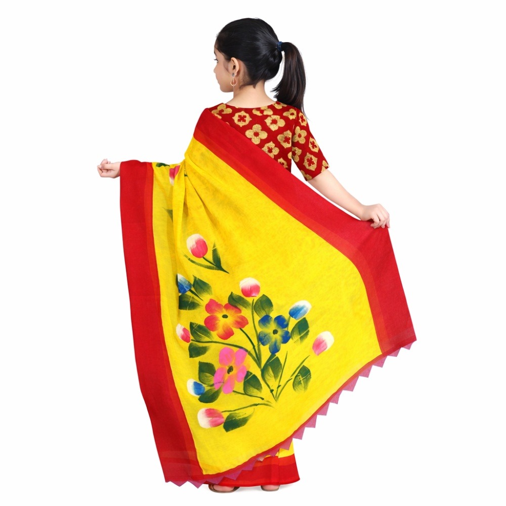 Kids Yellow Saree for 5-6 Years Girl with Blouse & Petticoat | Saraswati Puja / Haldi / Gaye Holud Child Saree | Lightweight 2 Yellow Saree for 5 Year old Kid