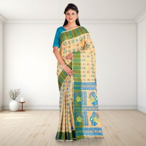 Cream Blue Dhakai Jamdani Sare...