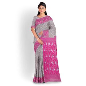 Grey Pink Cotton Silk Jamdani ...