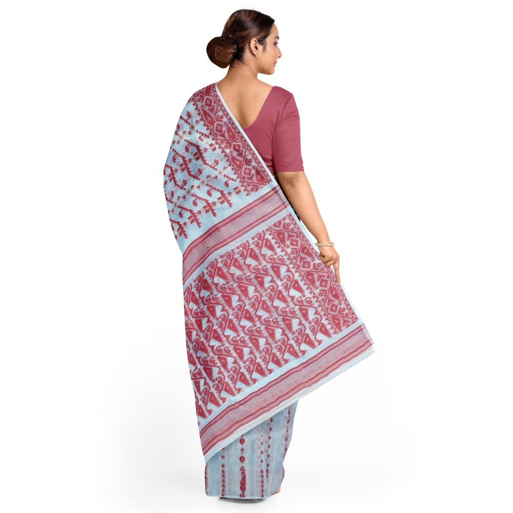 White and Red Dhakai Jamdani Saree Pure Cotton Silk 2 White and Red Korat Dhakai Jamdani Saree for Durga Puja