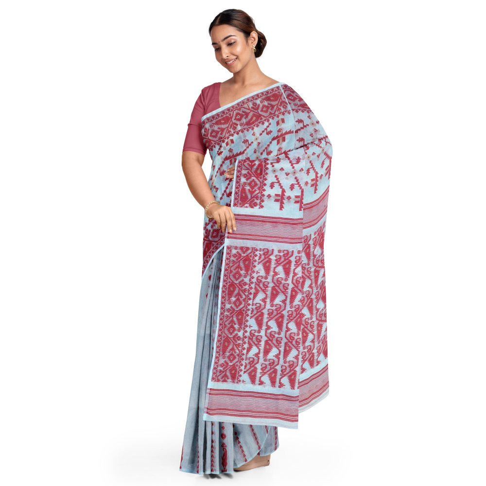 White and Red Dhakai Jamdani Saree Pure Cotton Silk 3 White and Red Korat Dhakai Jamdani Saree for Durga Puja