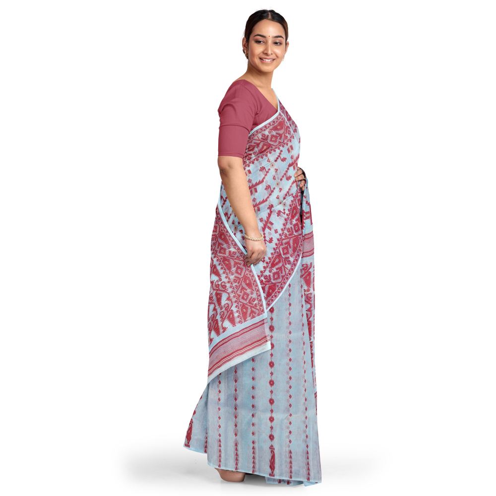 White and Red Dhakai Jamdani Saree Pure Cotton Silk 4 White and Red Korat Dhakai Jamdani Saree for Durga Puja