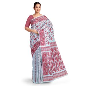 White and Red Dhakai Jamdani Saree Pure Cotton Silk