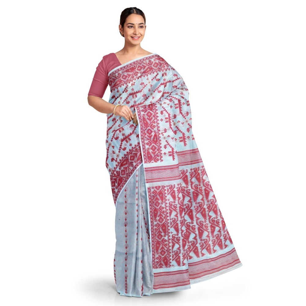 White and Red Dhakai Jamdani Saree Pure Cotton Silk 1 White and Red Korat Dhakai Jamdani Saree for Durga Puja
